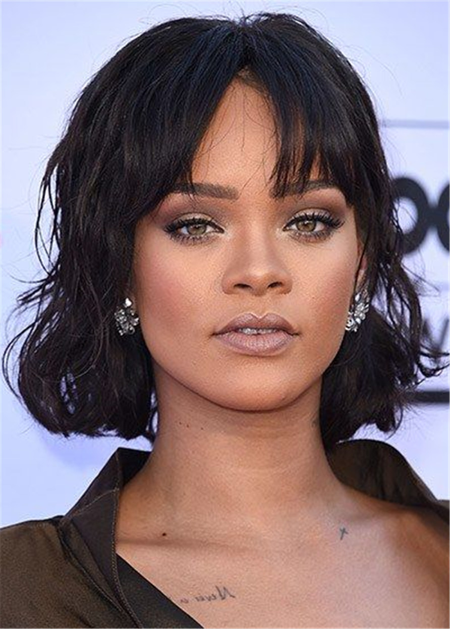 Rihanna Bob Haircut Human Hair Wavy Women Wig 12 Inches