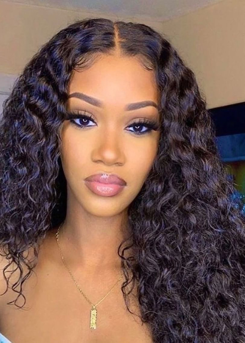 Middle Part Hairstyles Women's Deep Curly Human Hair Lace Front Wigs 20Inch