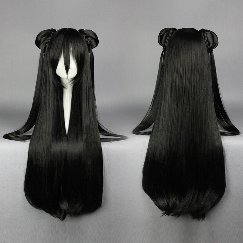 Super Long Straight Black Cosplay Wig with Ponytails