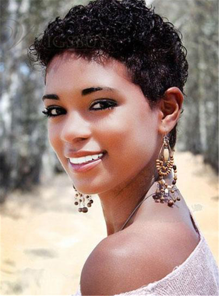 African American Short Kinky Curly Human Hair Capless Wigs