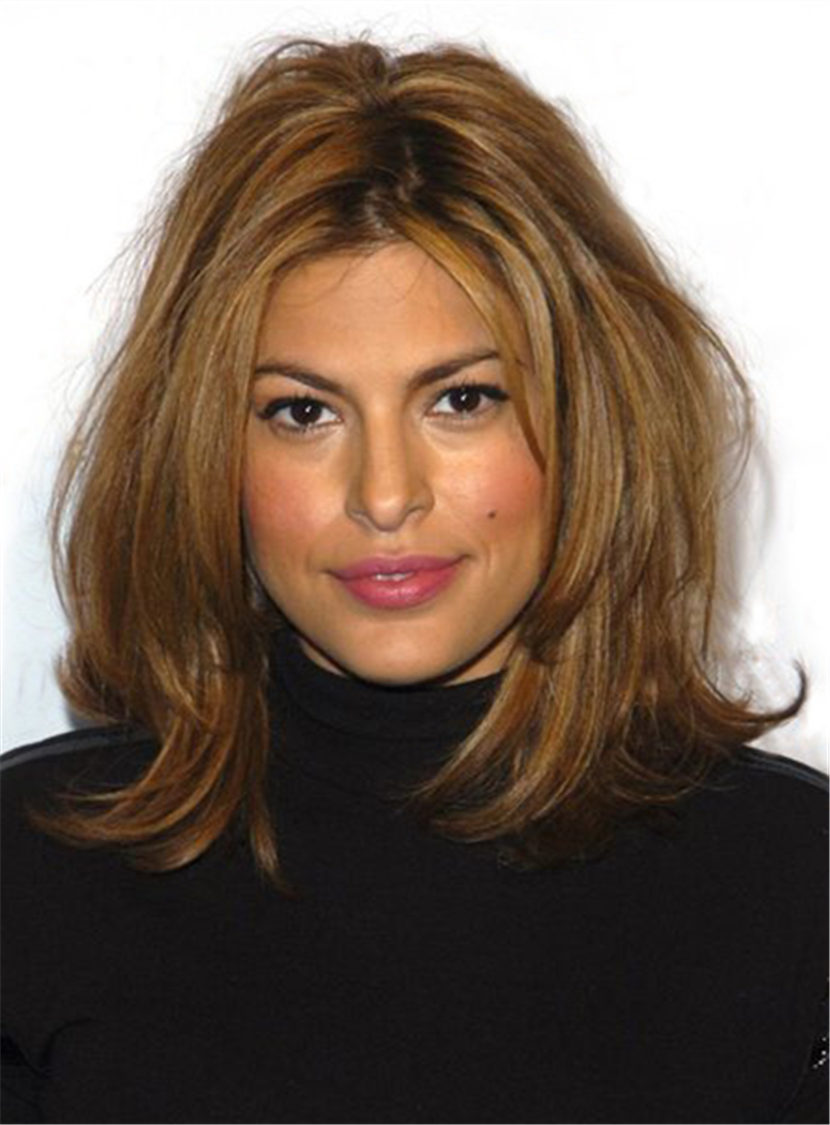 Eva Mendes Bob Hairstyles Blonde Straight Elegant Layered Synthetic Hair Mid-Length African American Wigs Lace Front Cap 14 Inches