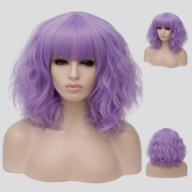 Full Fringe Purple Medium Wavy Capless Synthetic Wig 14 Inches