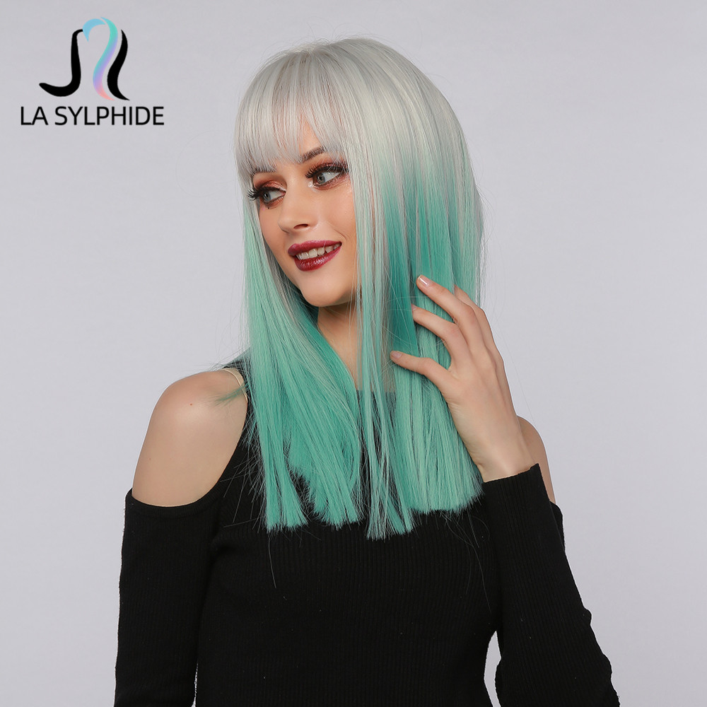 Ombre Color Hairstyle Synthetic Straight Hair Wig With Bangs 20 Inches