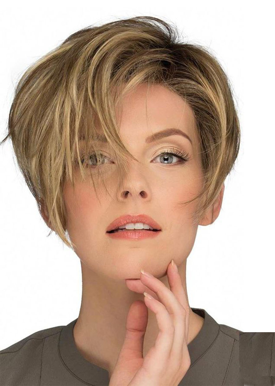 Fashion Women's Pixie Cut Side Part Bnags Hairstyles Synthetic Hair Wigs Natural Straight Capless Wigs 10Inch