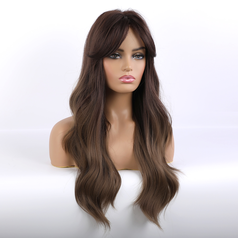 Women's Long Wavy Brown Synthetic Wigs With Bangs 26 Inches