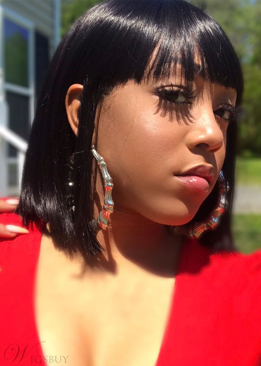 African American Women Short Straight Hait With Full-Bang Capless Synthetic Wig