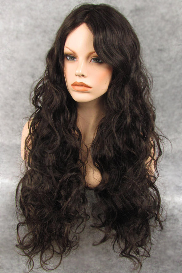 Custom Hand Tied Long Curly Dark Brown 100% Human Hair 22 Inches Lace Front Wig
