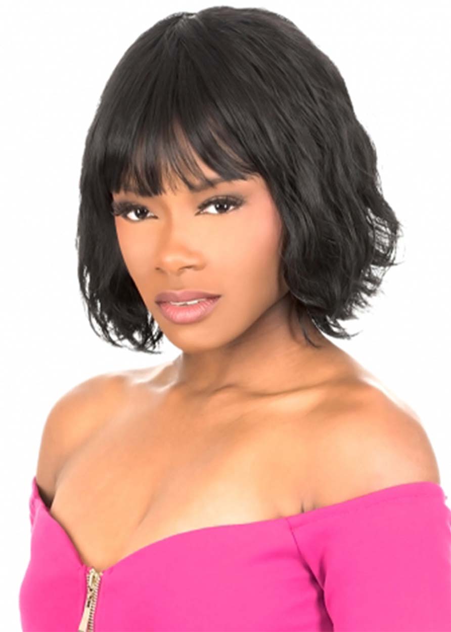 African American Women's Short Wavy Bob Style Human Hair Capless Wigs With Bangs 12Inch