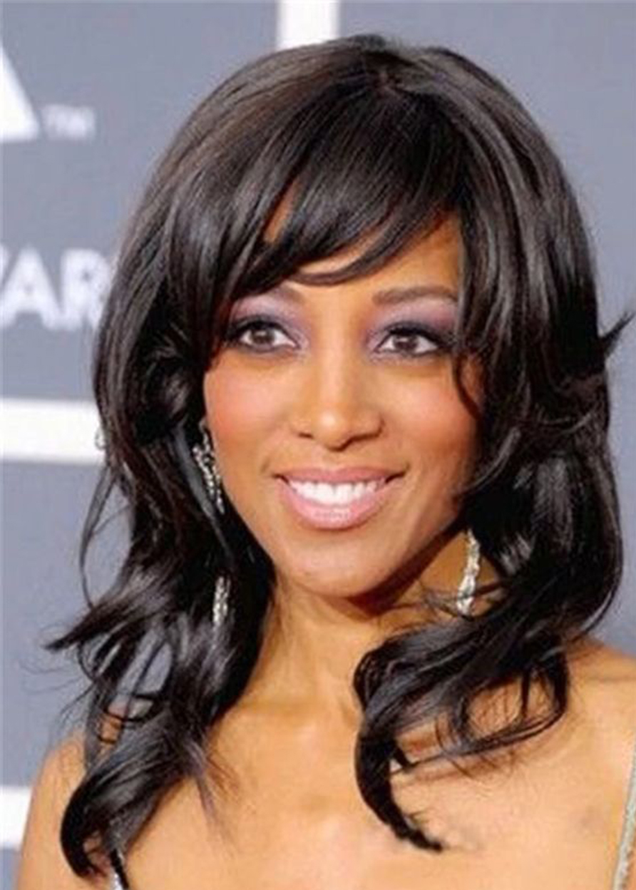 African American Women's Wavy Synthetic Hair Wigs With Bangs Medium Hairstyle Capless Wigs 16Inch