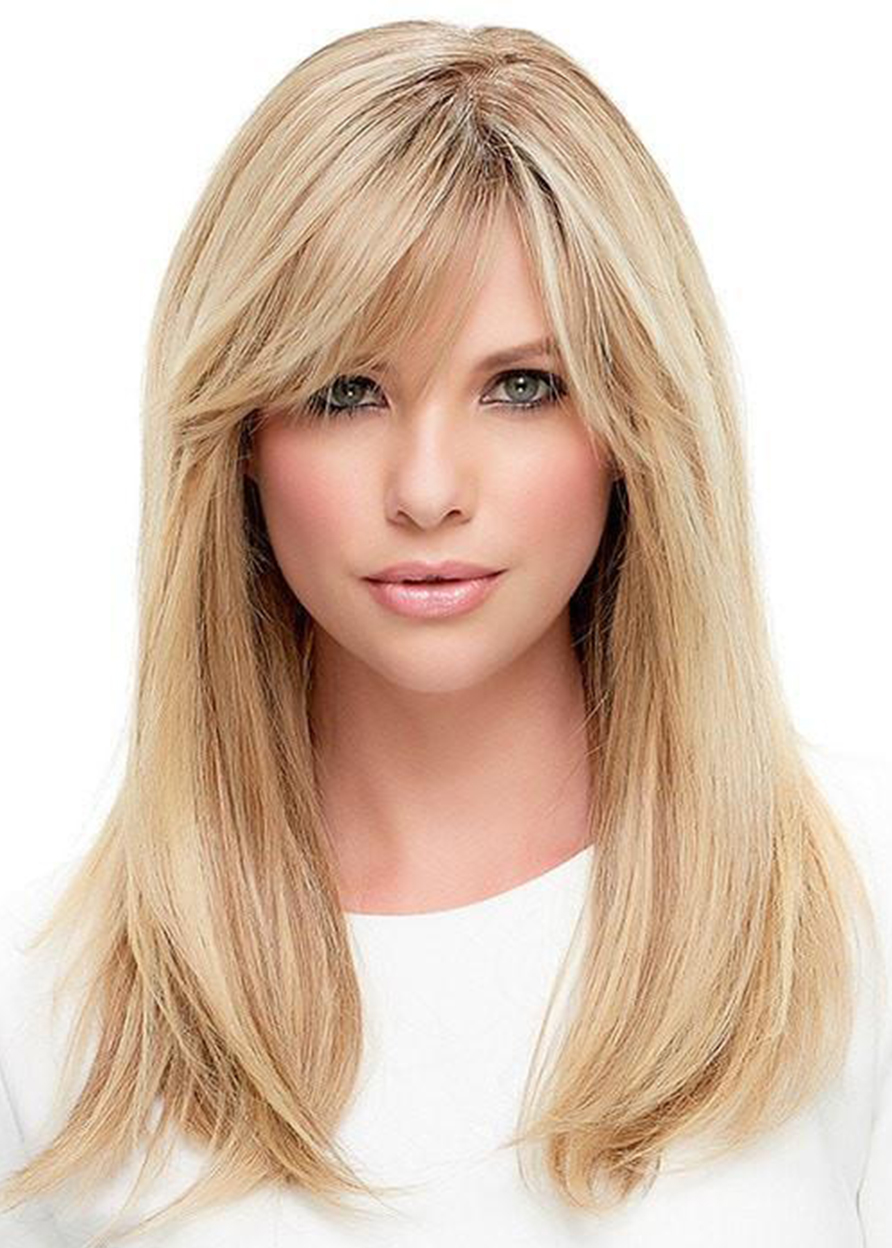 Women Long Blonde Straight Synthetic Hair Capless Wig With Bangs Golden Wigs 22Inch