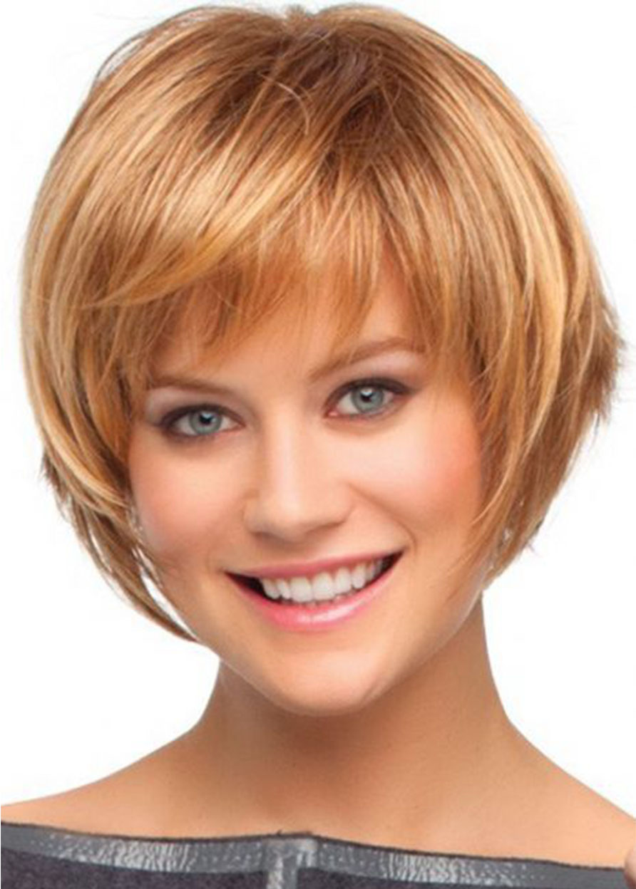 Short Bob Hairstyles Women's Brown Color Straight Human Hair Wigs Lace Front Wigs With Bangs 10Inch