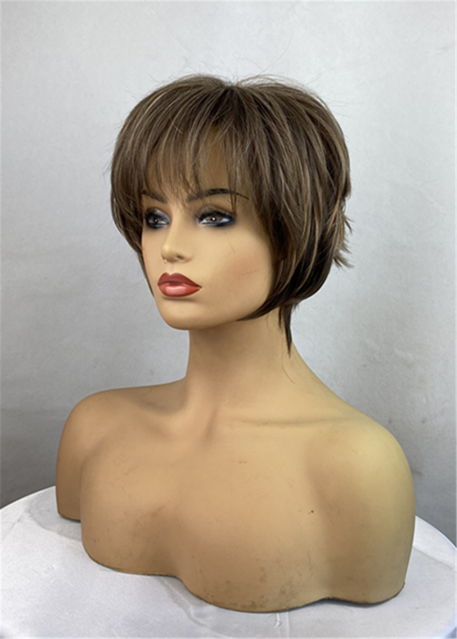 Short Choppy Haircuts Mix Color Wavy Synthetic Hair With Layers Bangs Capless Wigs 12 Inches