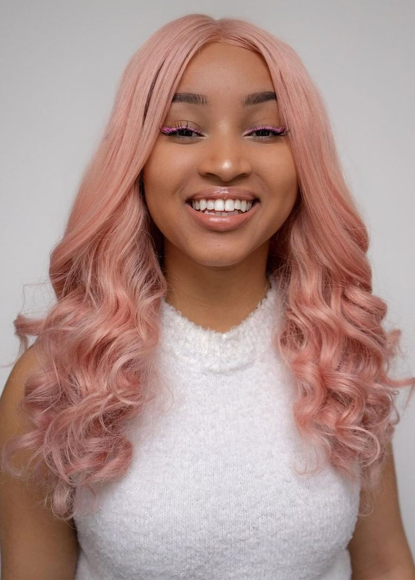 Fashion Women's Light Pink Color Loose Wave Synthetic Hair Capless Wigs 22Inch