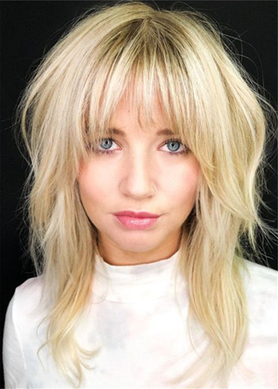 Messy Blonde Hairstyle Wavy Human Hair Capless Wigs With Bangs