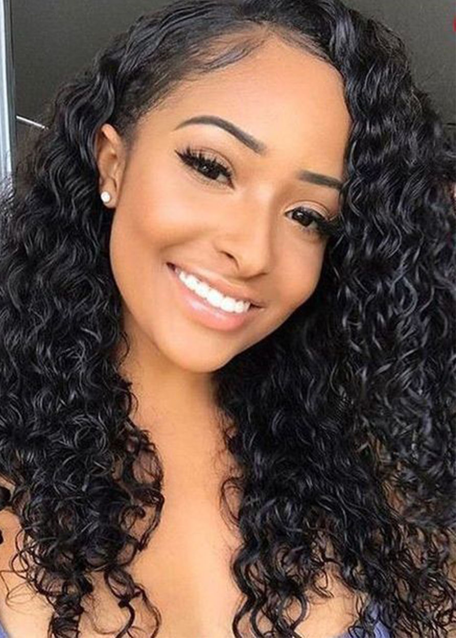 100% Brazilian Human Hair Natural Color Middles Length Curly Lace Front Wigs For Women 20Inch
