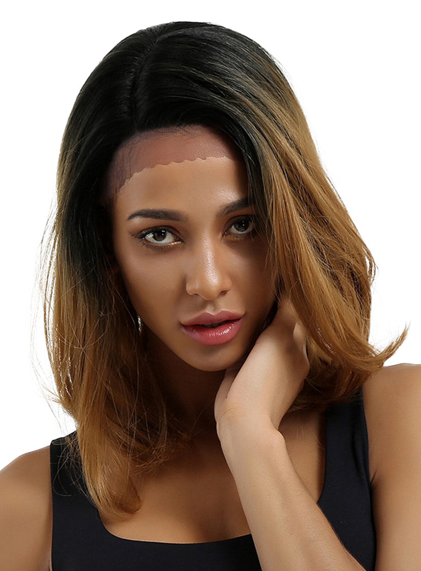 Two Tone Color Mid-Length Straight Synthetic Hair Lace Front Wig 16 Inches