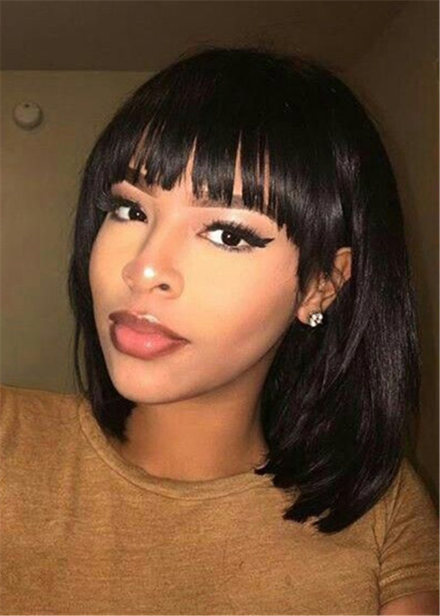 Flattering Side Bangs Hairstyle Natural Straight Human Hair Women Wig 14 Inches