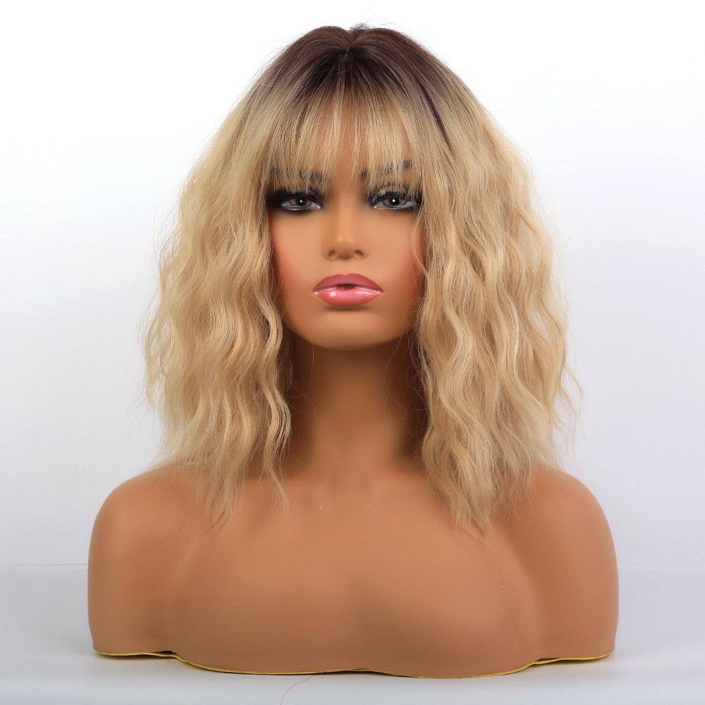 Long Bob Light Color Wavy Synthetic Hair Women Wig With Bangs 18 Inches