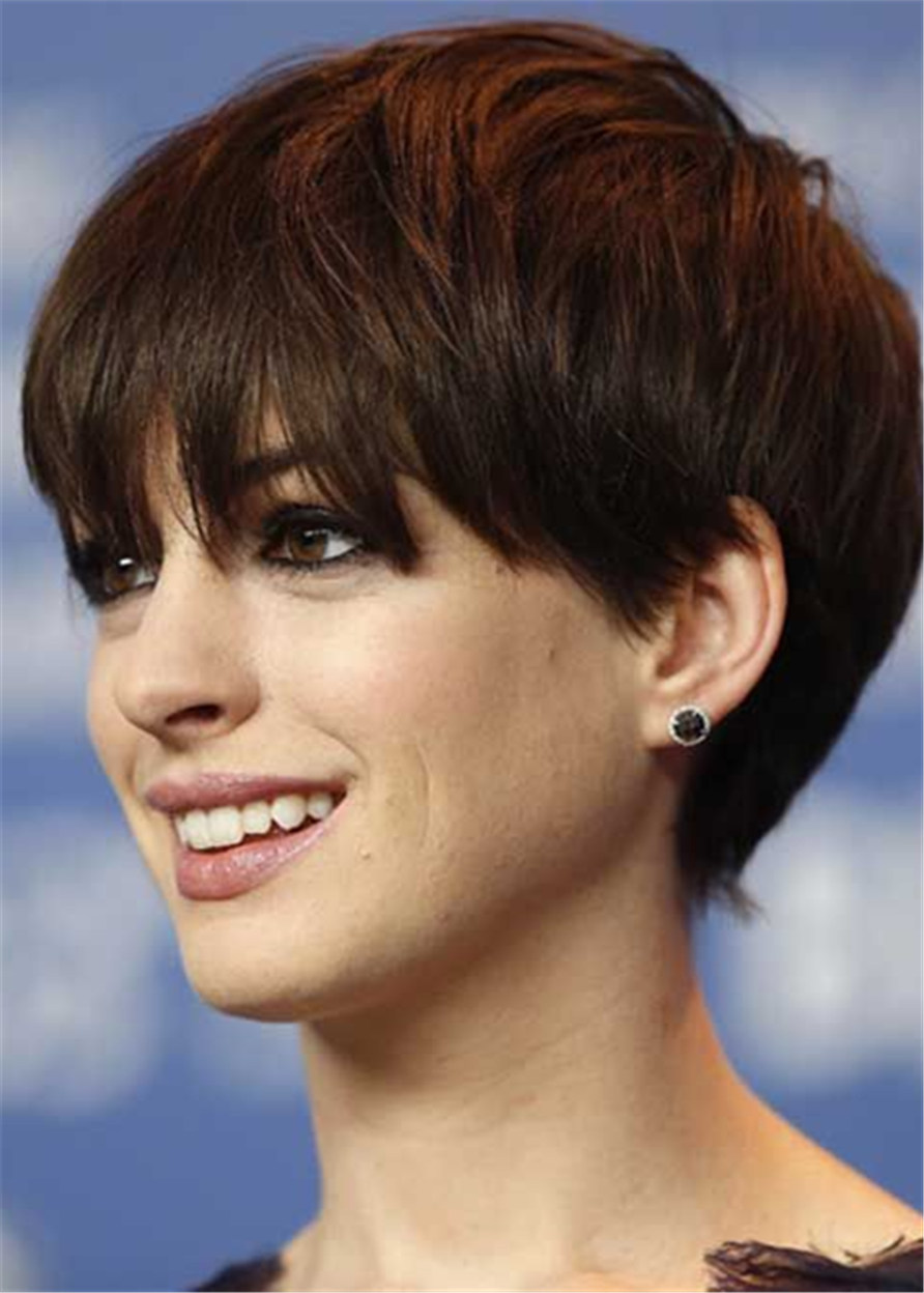 Anne Hathaway Pixie Cut Hairstyles Straight Human Hair With Bangs Capless Wigs 8Inch