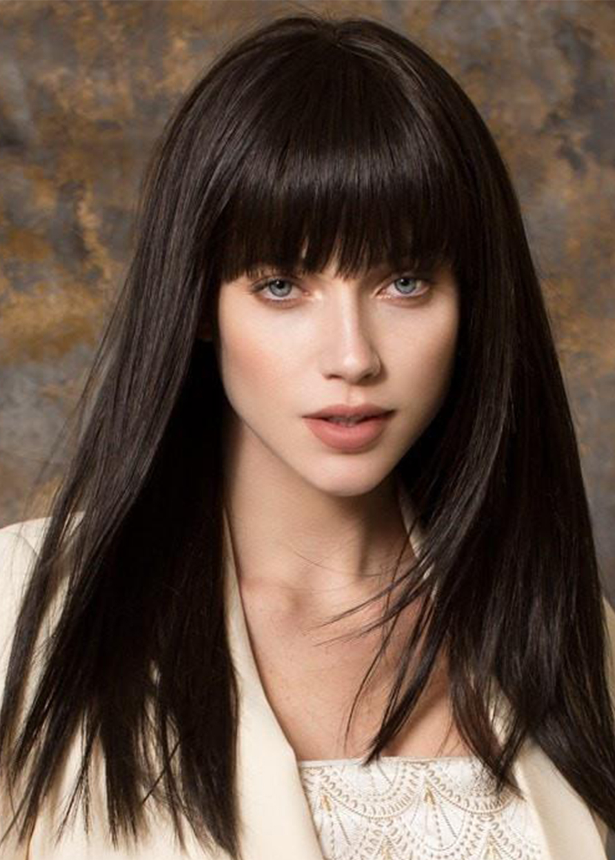 Natural Looking Women's Straight Human Hair With Bangs Capless Wigs 24Inch
