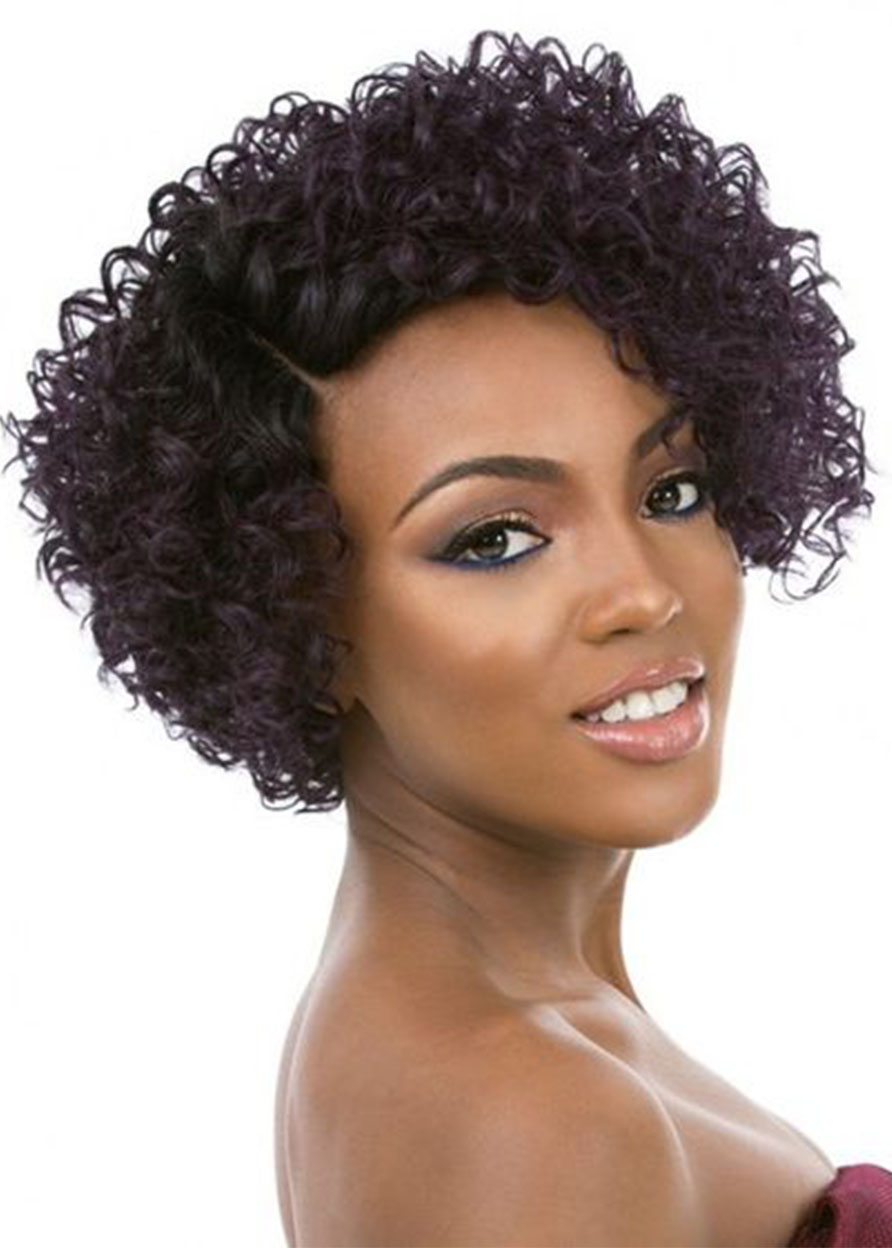 120% Density Women's Side Part Short Afro Curly Wigs Synthetic Hair Capless Wigs 14inch