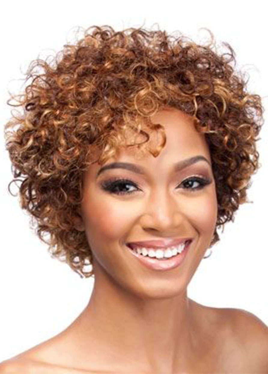 Fancy Funny Women's Short Length Light Brown Color Fluffy Afro Wigs Synthetic Hair Capless Wigs 14inch