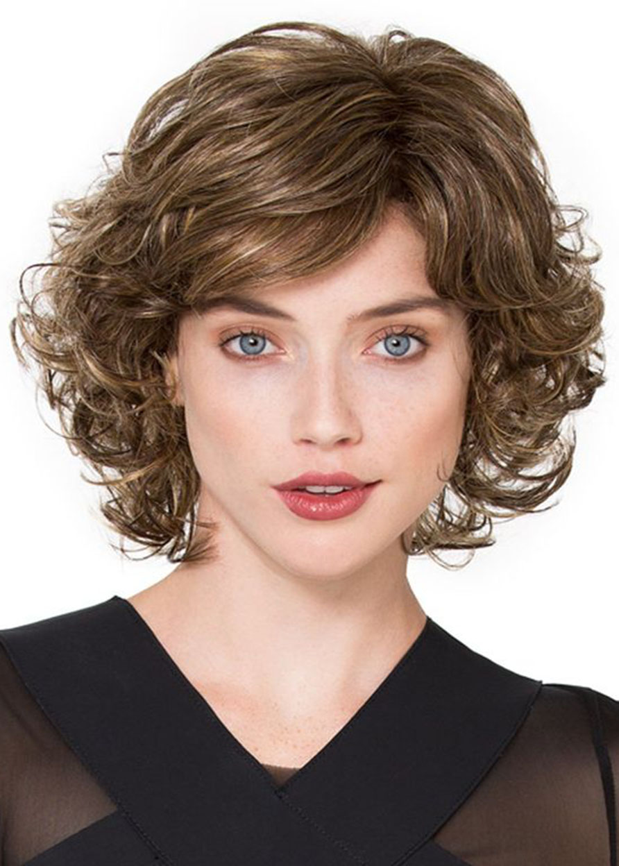 Sexy Women's Side Part Short Bob Curly Hairstyles Human Hair Lace Front Cap Wigs 14Inch