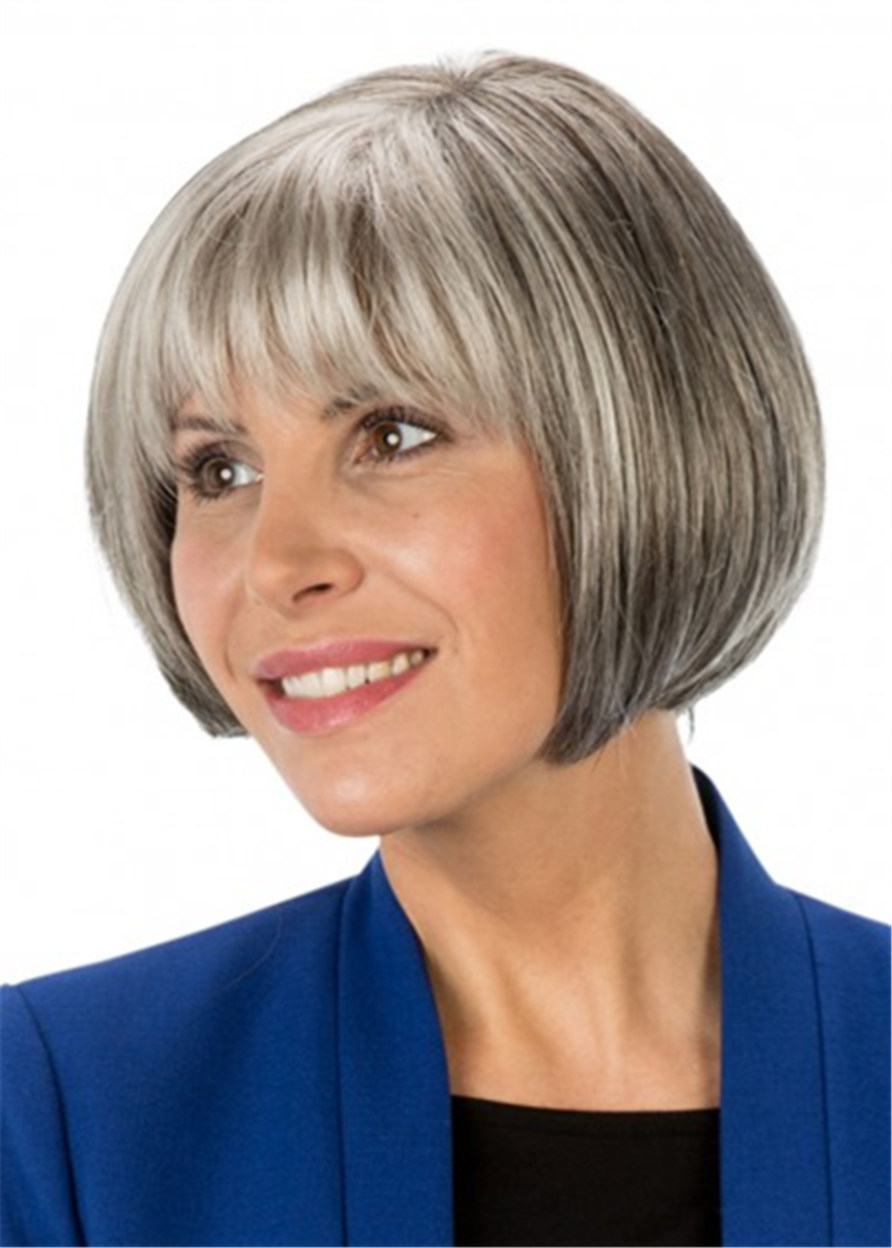 Women's Chin Length Short Grey Bob Synthetic Straight Hair Wig With Full Bangs 10Inch