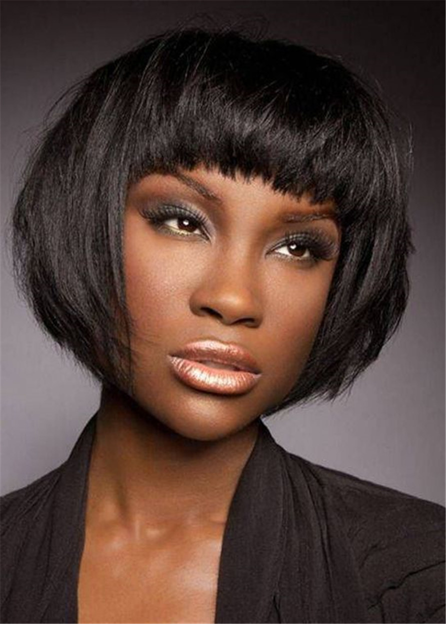 Short Bob Cut Synthetic Straight Hair With Bangs For Black Beauty