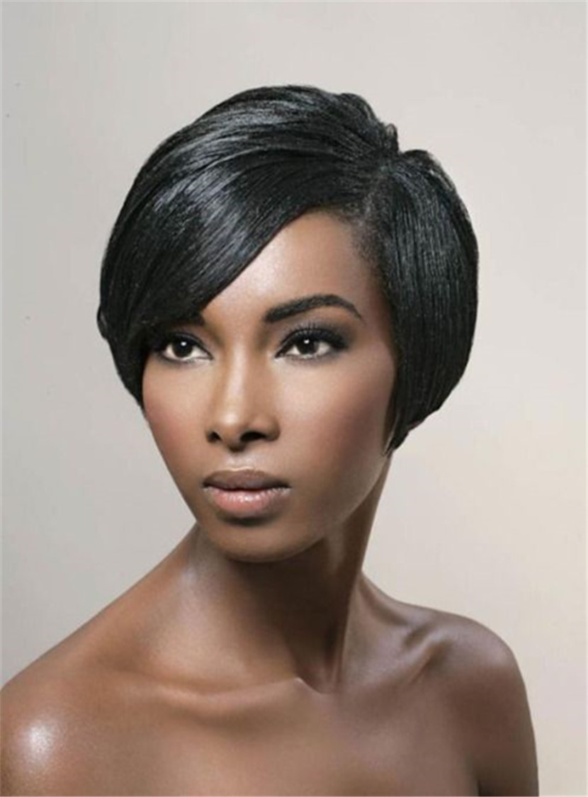 Pixie Boy Cuts Straight Natural Black Short One Side Part Synthetic Hair With Bangs Capless Wigs 6 Inches