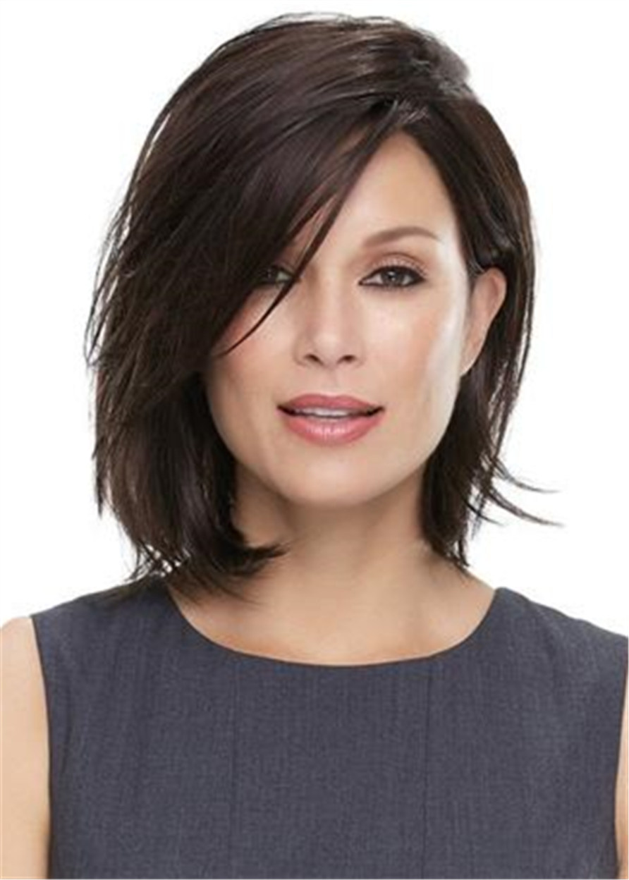 Middle Length Natural Straight Bob Hairstyle Blunt Cut Side Parted Synthetic Capless Wigs 12 Inches