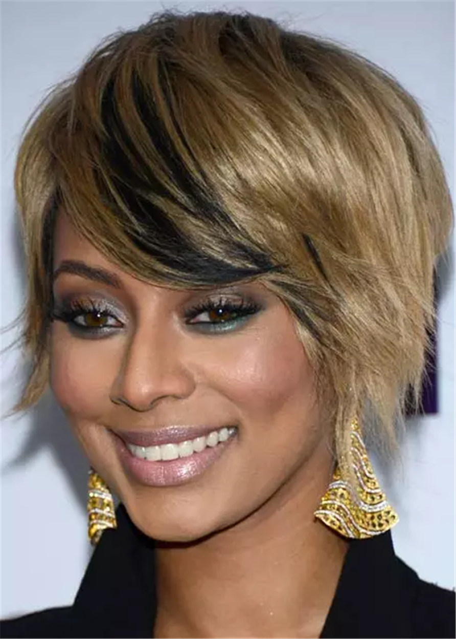 African American Wigs Stacked Inverted Bob Synthetic Straight Hair With Lowlights 12 Inches