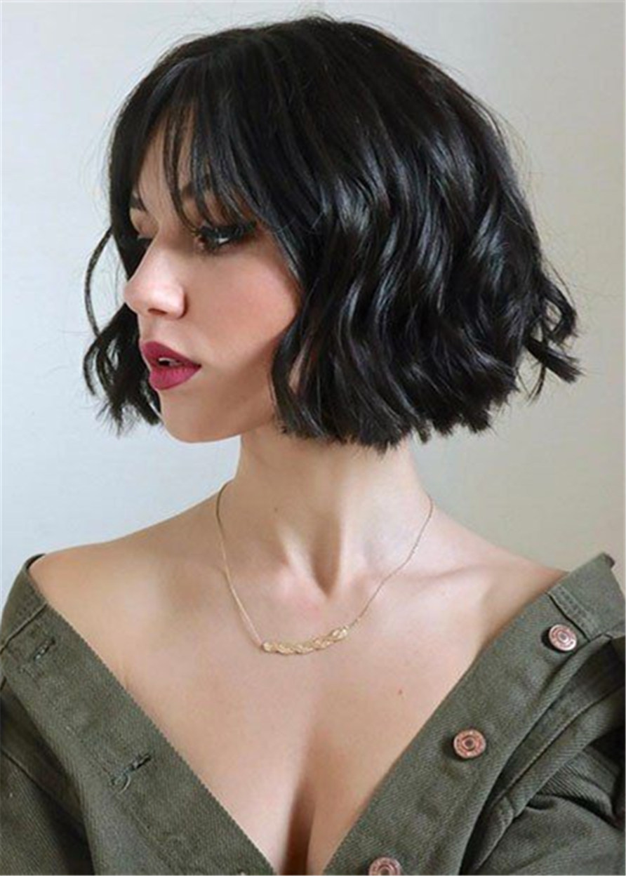 Shot Bob Wavy Synthetic Hair With Bangs Women Wig 12 Inches