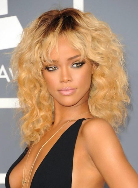 Rihanna Dark Root Capless Full Bang Body Wave Human Hair Wigs 14 Inches