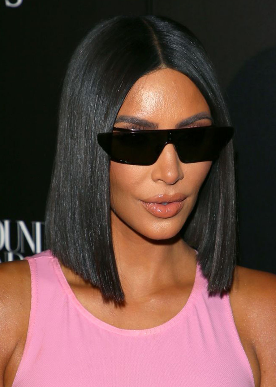 Kim Kardashian West Middle Part Straight Bob Hairstyles Women's Human Hair Lace Front Cap Wigs 16Inch