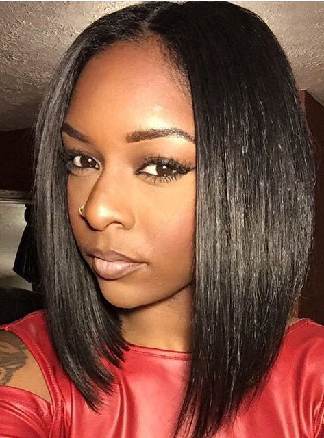 Blunt Cut Middle Length Straight Black Women Synthetic Lace Front Wigs 14 Inches