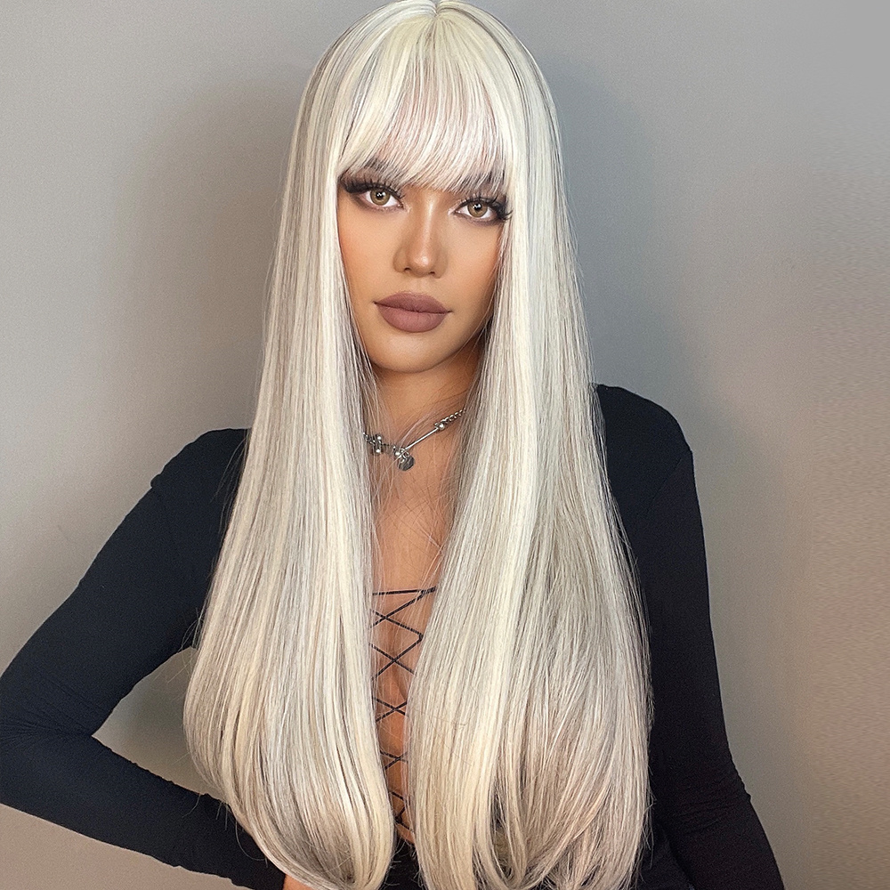 Silvery White Long Hairstyle Natural Straight Synthetic Hair With Bangs 28 Inches