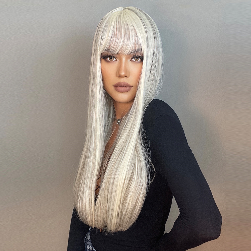 Silvery White Long Hairstyle Natural Straight Synthetic Hair With Bangs 28 Inches