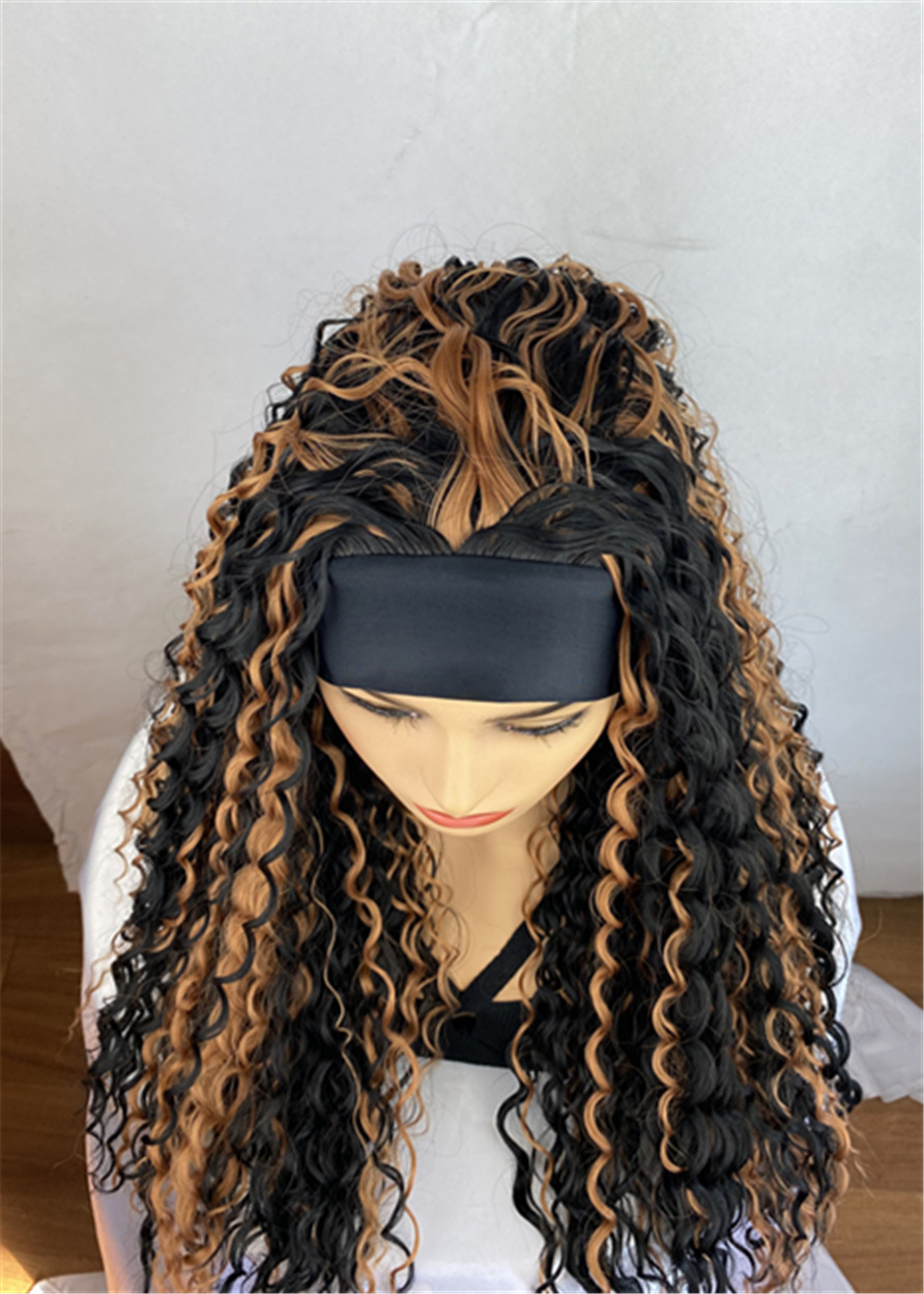 Long Ombre Hairstyle Headband Synthetic Hair Kinky Curly Wigs With Band