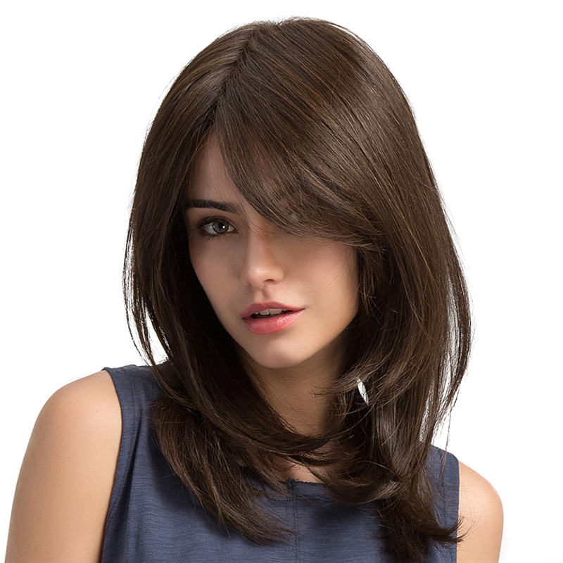 Long Natural Straight Side Fringe Capless Synthetic Wigs 20 Inches