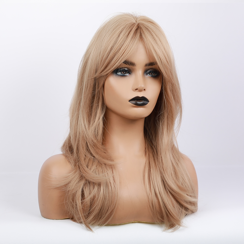 Long Blonde Straight Layered Synthetic Wigs Middle Part With Bangs 24 Inches