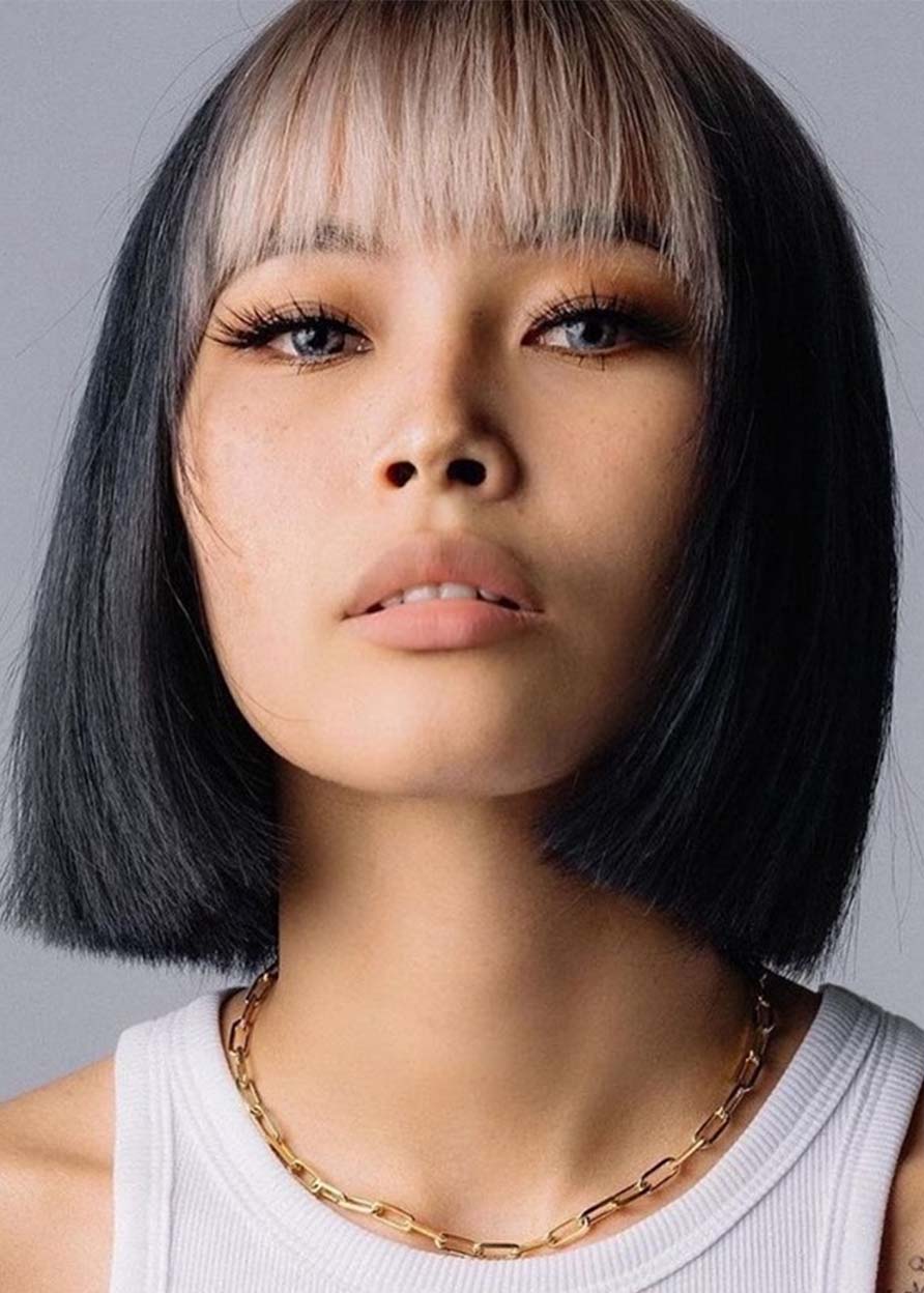 Short Bob Hairstyles Women's Straight Bob Style Synthetic Hair Capless Wigs With Bangs 12Inch