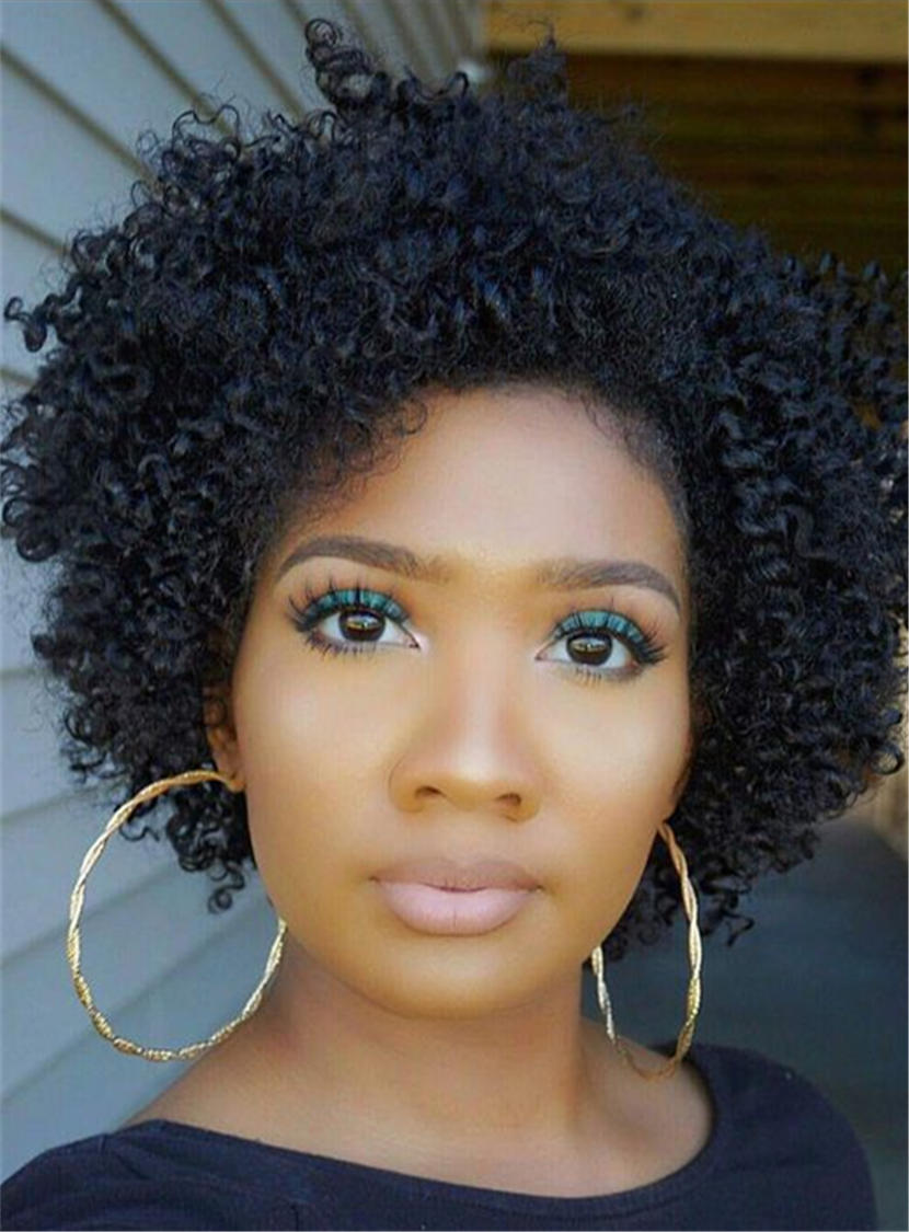 Short Kinky Curly African American Human Hair Lace Front Cap Wigs 10 Inches