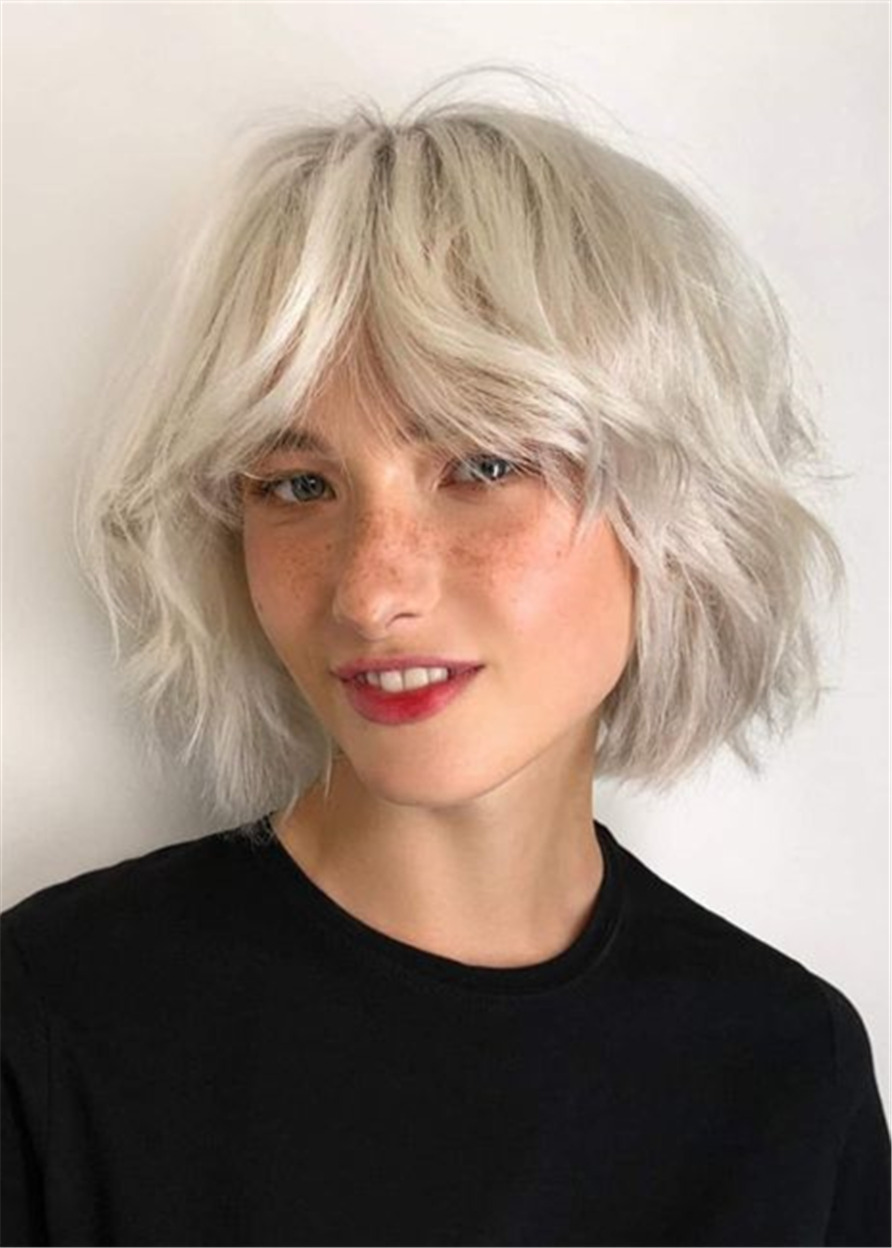 Short Bob Hairstyles With Curtain Bangs Wavy Synthetic Hair Capless Wigs 12Inch