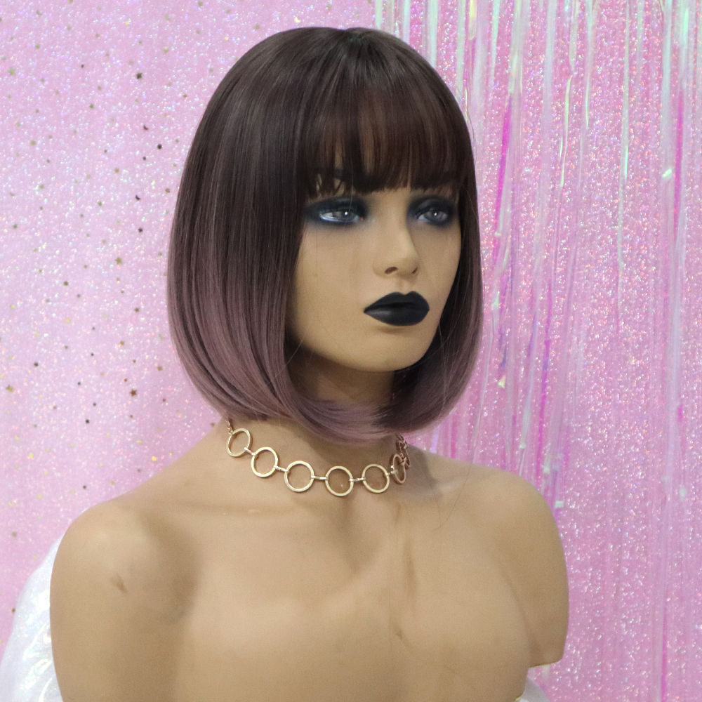 Short Bob Wig with Bangs Capless Straight Synthetic Hair Wigs 12Inch