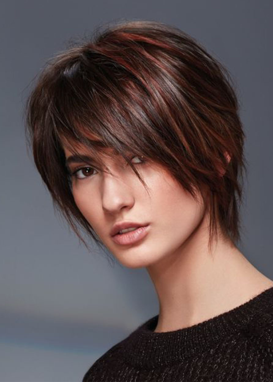 Women's Short Shaggy Hairstyles Straight Human Hair Capless Wigs With Bangs 10Inch