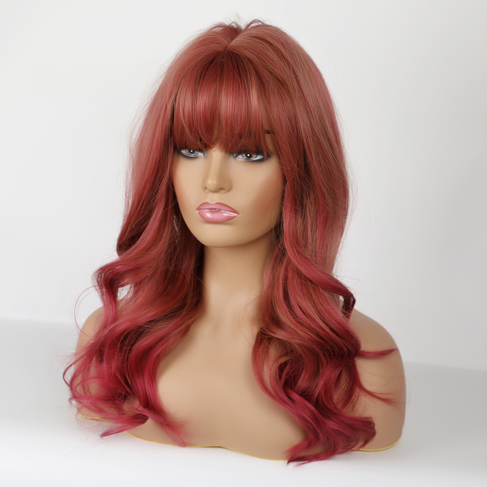 Red-Brown Natural Wavy Synthetic Wigs With Neat Bangs 22 Inches