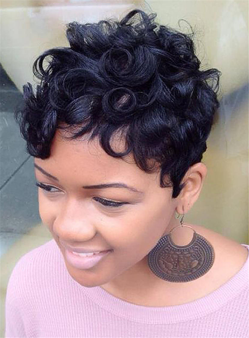 Fluffy Pixie Boy Cut Kinky Curly Short Human Hair Capless Cap African American women Wigs 8 Inches