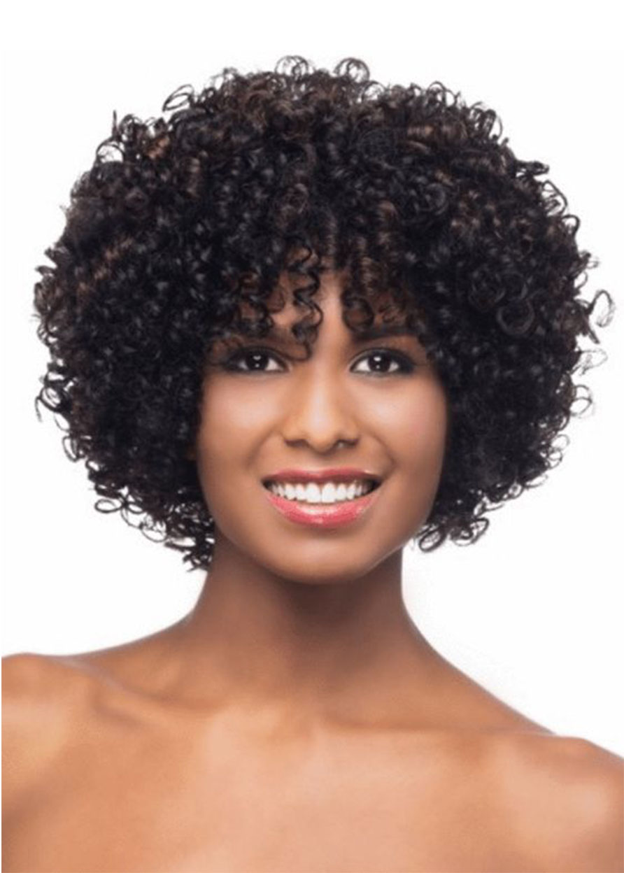 Women's Short Length Afro Bob Hairstyles Synthetic Hair Wigs With Bangs Capless Wigs 14Inch