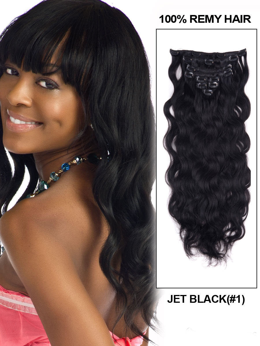 Wavy Jet Black 9PCS Clip in Remy Human Hair Extensions 100g